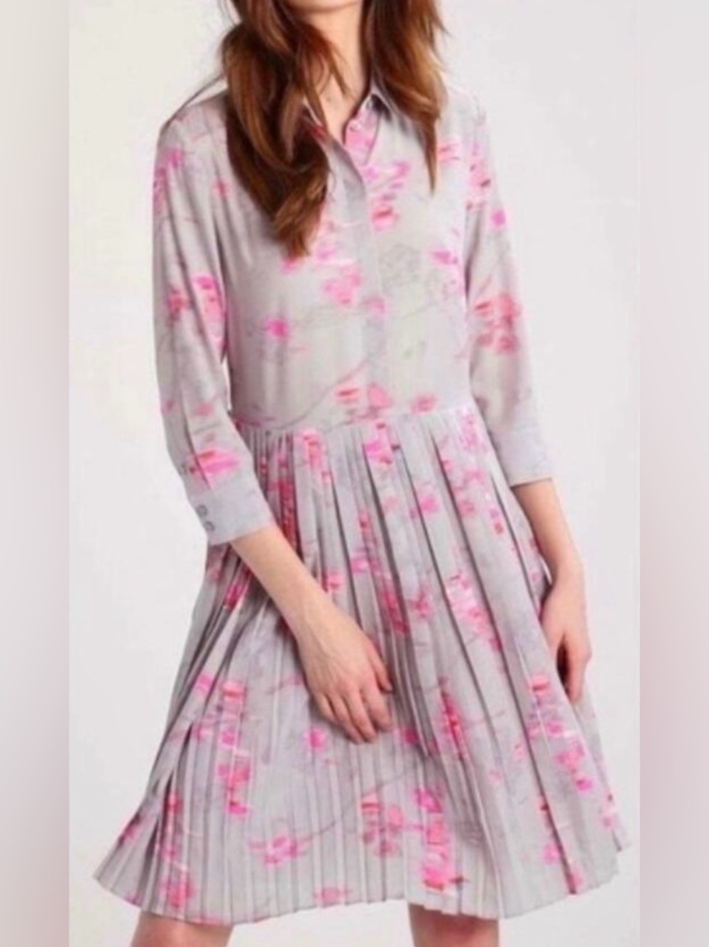 Banana Republic Ikat Watercolor Pleated Shirt Dress Gray Pink Size 6